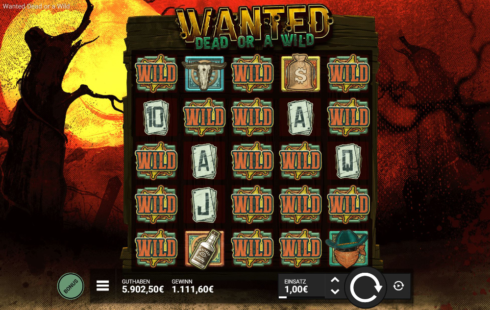Wanted Dead or a Wild base game – 5x5 reel grid with western symbols